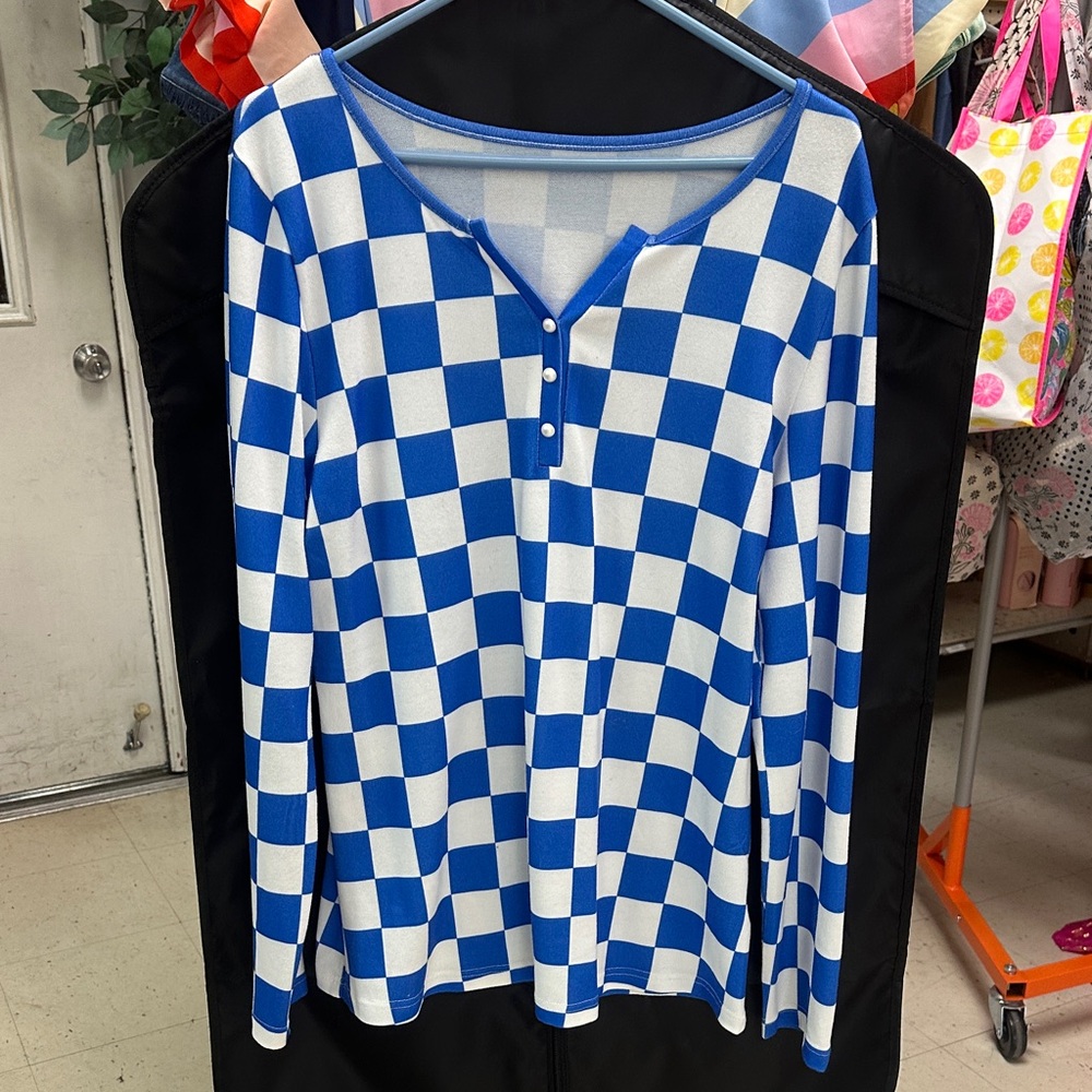 Blue and White Checkered Long Sleeve Top